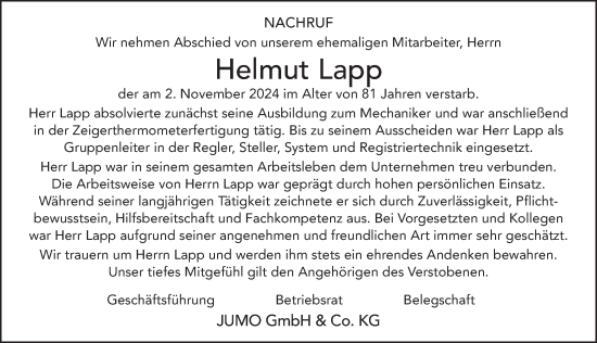Traueranzeige von Helmut Lapp von FZ