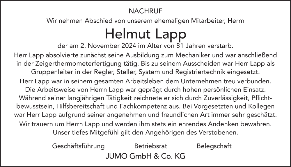  Traueranzeige für Helmut Lapp vom 26.11.2024 aus FZ