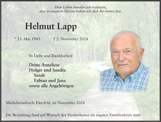 Traueranzeige von Helmut Lapp von FZ