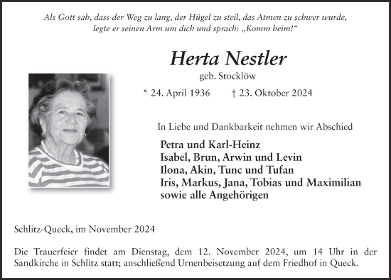 Traueranzeige von Herta Nestler von FZ