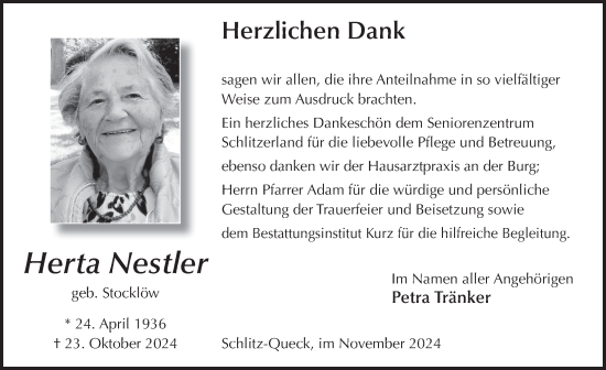 Traueranzeige von Herta Nestler von FZ