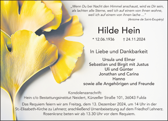 Traueranzeige von Hilde Hein von FZ