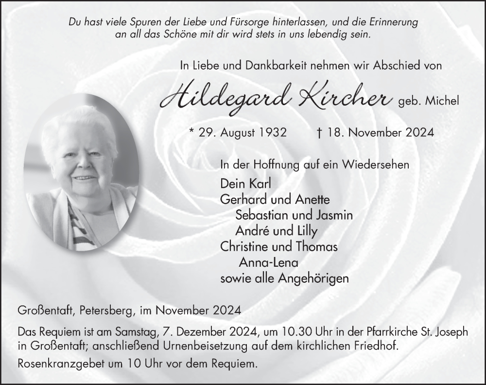  Traueranzeige für Hildegard Kircher vom 30.11.2024 aus FZ
