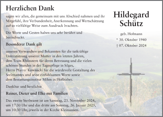 Traueranzeige von Hildegard Schütz von FZ