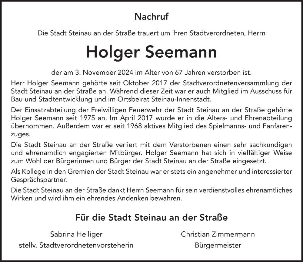  Traueranzeige für Holger Seemann vom 09.11.2024 aus FZ