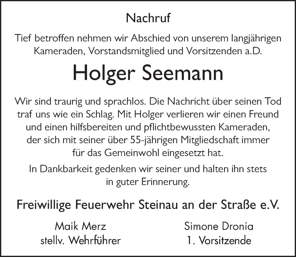  Traueranzeige für Holger Seemann vom 16.11.2024 aus FZ