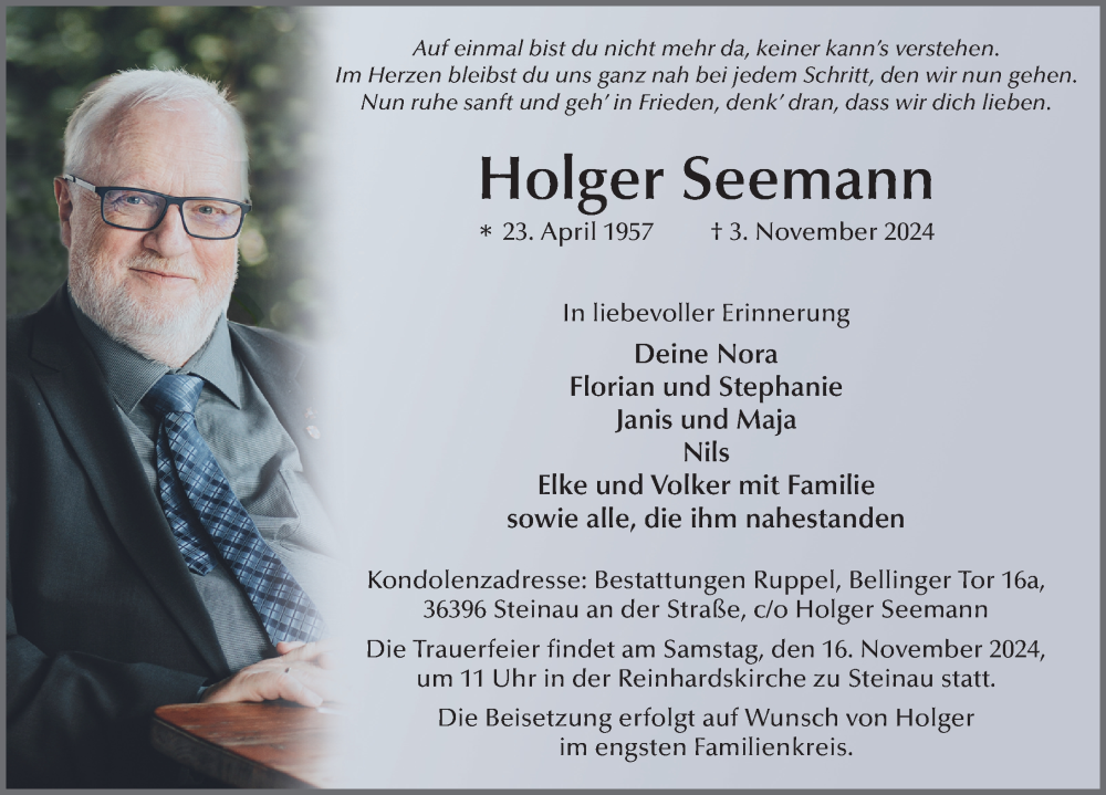  Traueranzeige für Holger Seemann vom 09.11.2024 aus FZ
