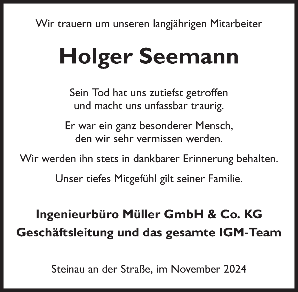  Traueranzeige für Holger Seemann vom 09.11.2024 aus FZ