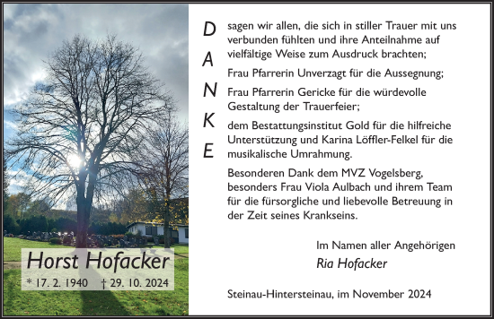 Traueranzeige von Horst Hofacker von FZ