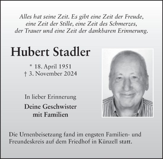 Traueranzeige von Hubert Stadler von FZ