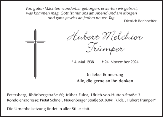 Traueranzeige von Hubert Melchior Trümper von FZ