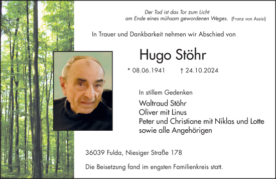 Traueranzeige von Hugo Stöhr von FZ