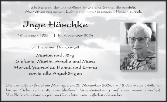 Traueranzeige von Inge Häschke von FZ
