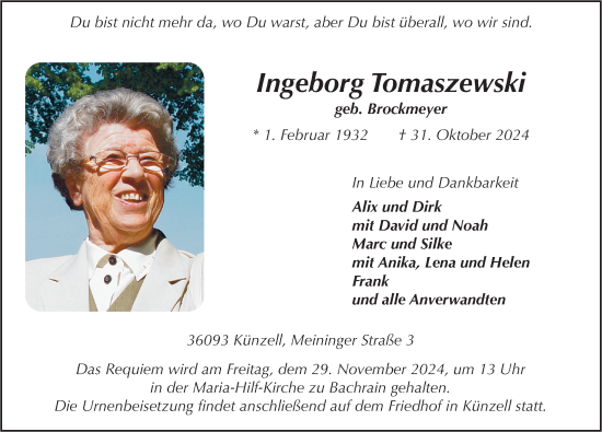 Traueranzeige von Ingeborg Tomaszewski von FZ