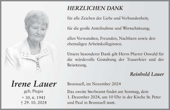 Traueranzeige von Irene Lauer von FZ