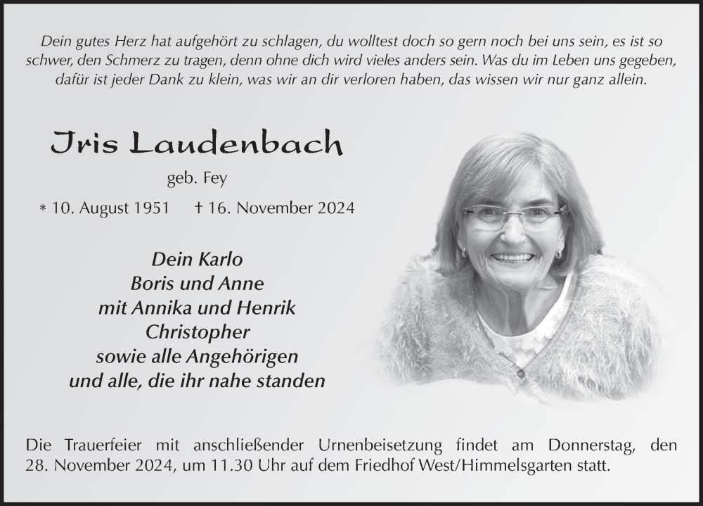  Traueranzeige für Iris Laudenbach vom 23.11.2024 aus FZ