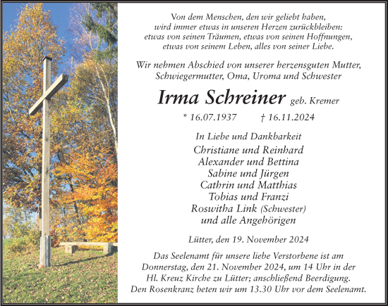 Traueranzeige von Irma Schreiner von FZ