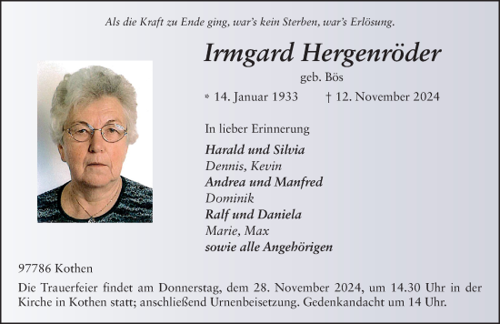 Traueranzeige von Irmgard Hergenröder von FZ