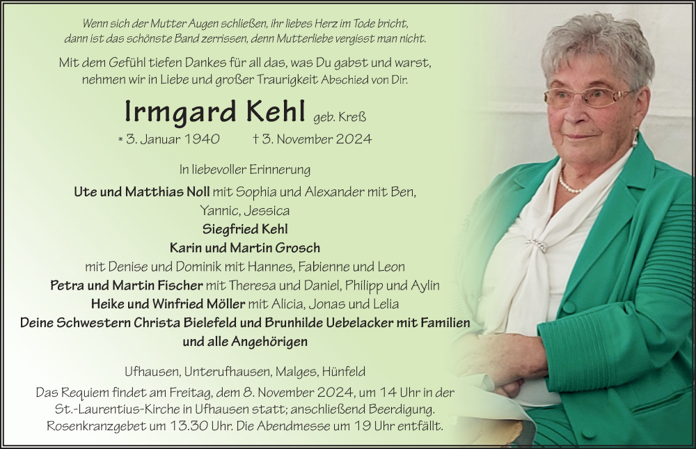  Traueranzeige für Irmgard Kehl vom 06.11.2024 aus FZ