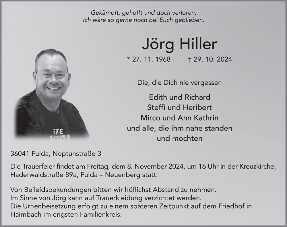  Traueranzeige für Jörg Hiller vom 06.11.2024 aus FZ