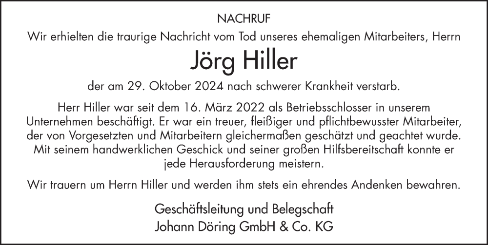  Traueranzeige für Jörg Hiller vom 07.11.2024 aus FZ