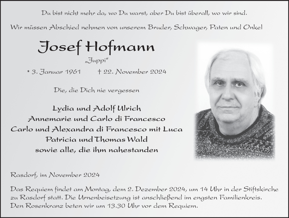  Traueranzeige für Josef Hofmann vom 29.11.2024 aus FZ