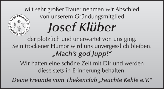 Traueranzeige von Josef Klüber von FZ