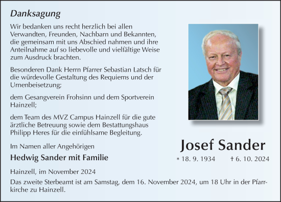 Traueranzeige von Josef Sander von FZ