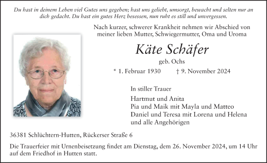 Traueranzeige von Käte Schäfer von FZ