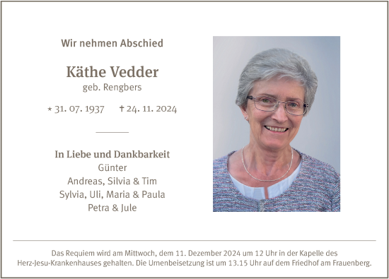 Traueranzeige von Käthe Vedder von FZ