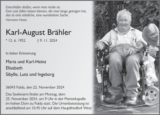 Traueranzeige von Karl-August Brähler von FZ