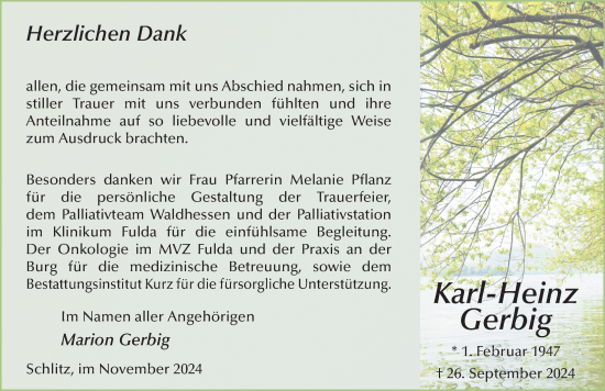 Traueranzeige von Karl-Heinz Gerbig von FZ