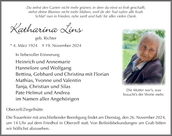 Traueranzeige von Katharina Lins von FZ
