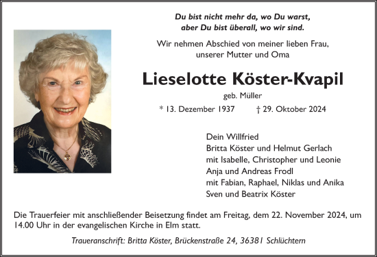 Traueranzeige von Lieselotte Köster-Kvapil von FZ