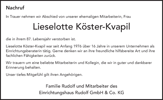 Traueranzeige von Lieselotte Köster-Kvapil von FZ