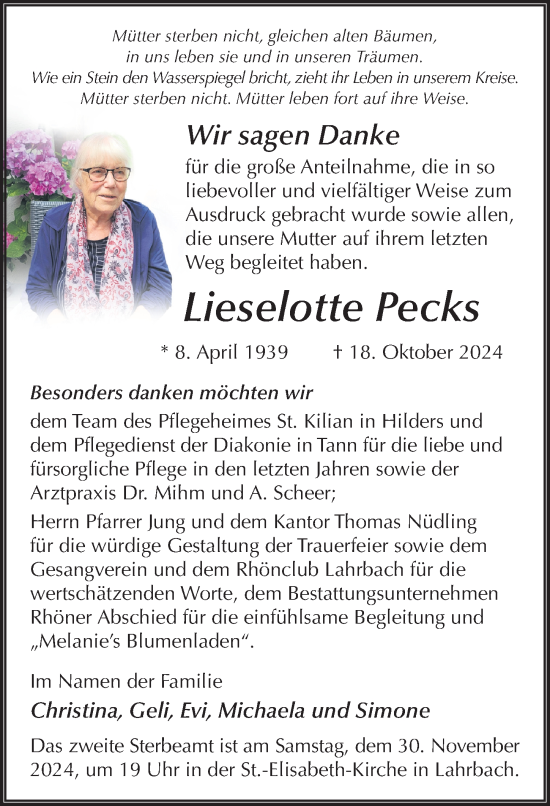 Traueranzeige von Lieselotte Pecks von FZ