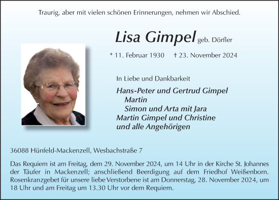Traueranzeige von Lisa Gimpel von FZ