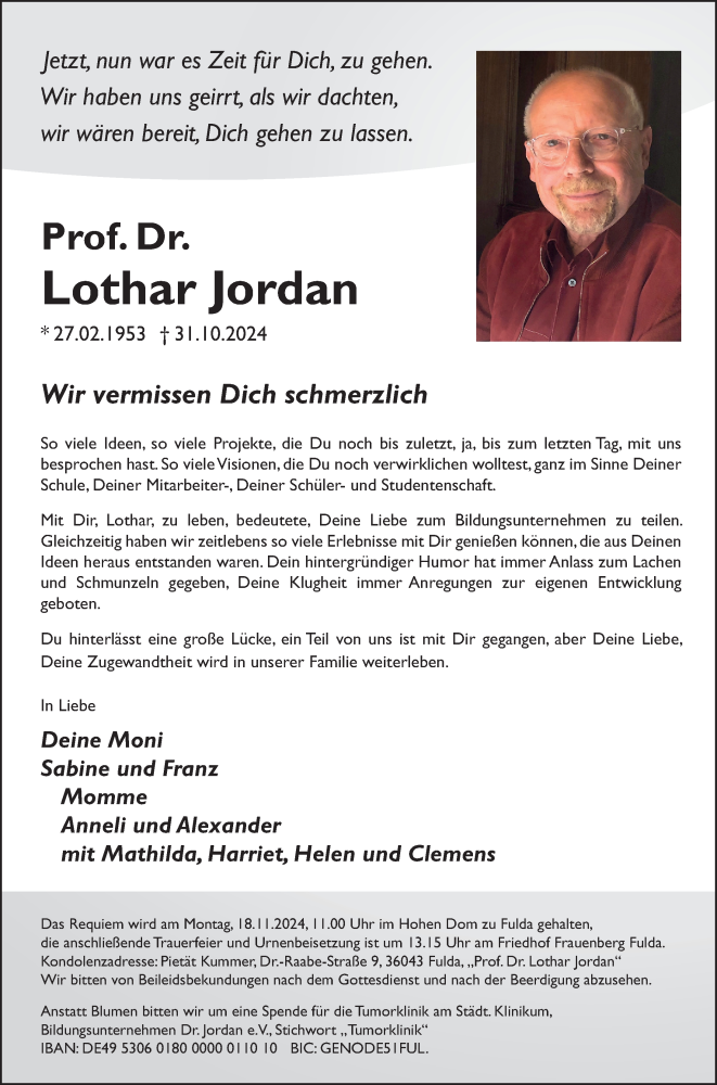  Traueranzeige für Lothar Jordan vom 09.11.2024 aus FZ