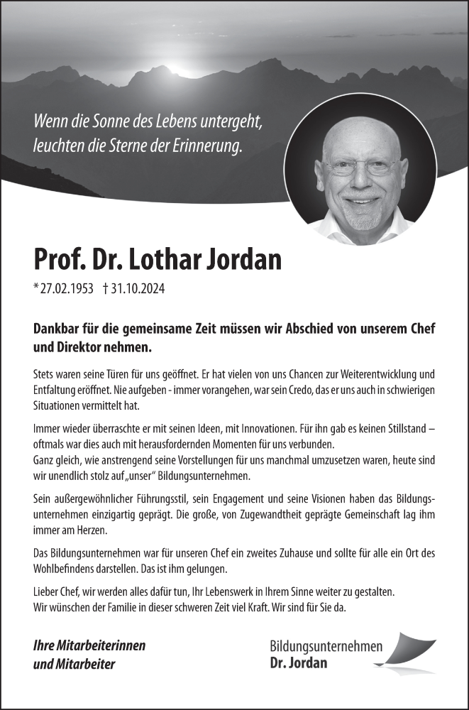  Traueranzeige für Lothar Jordan vom 09.11.2024 aus FZ