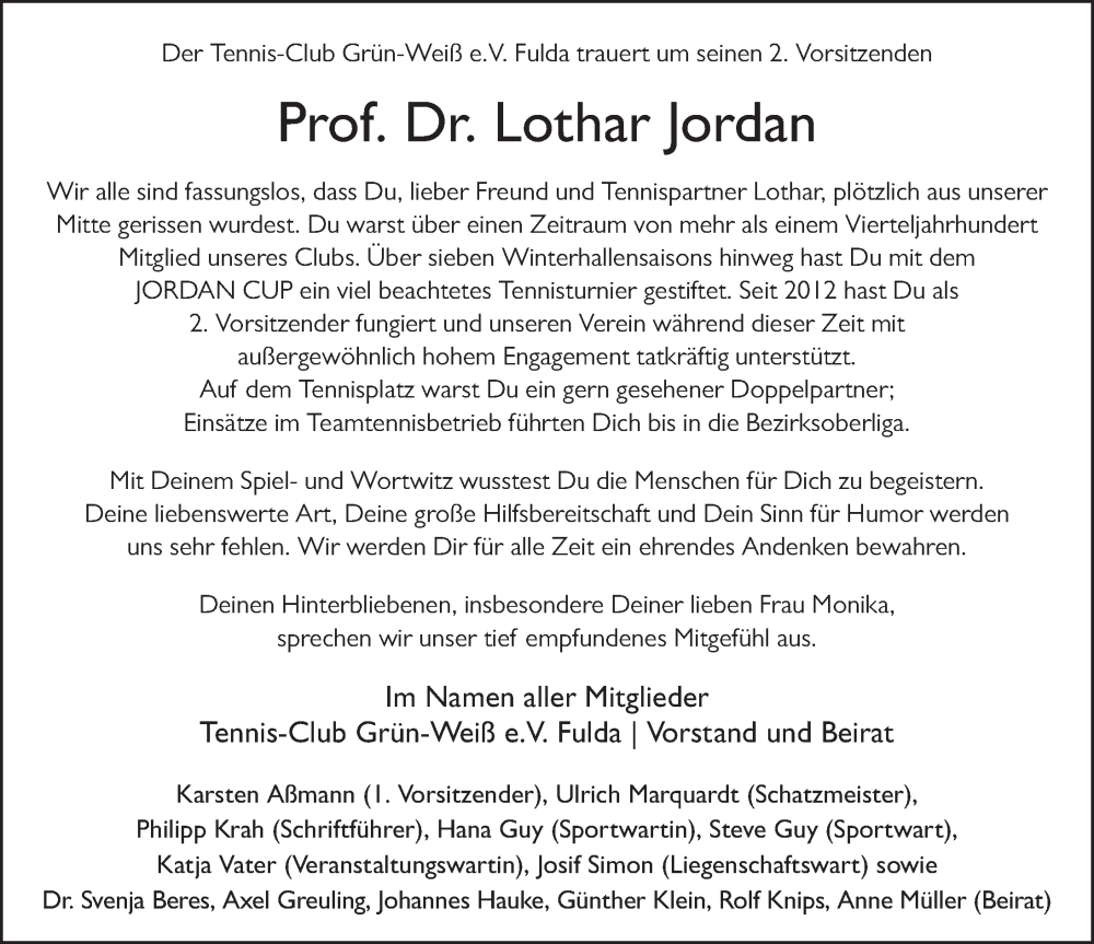  Traueranzeige für Lothar Jordan vom 09.11.2024 aus FZ