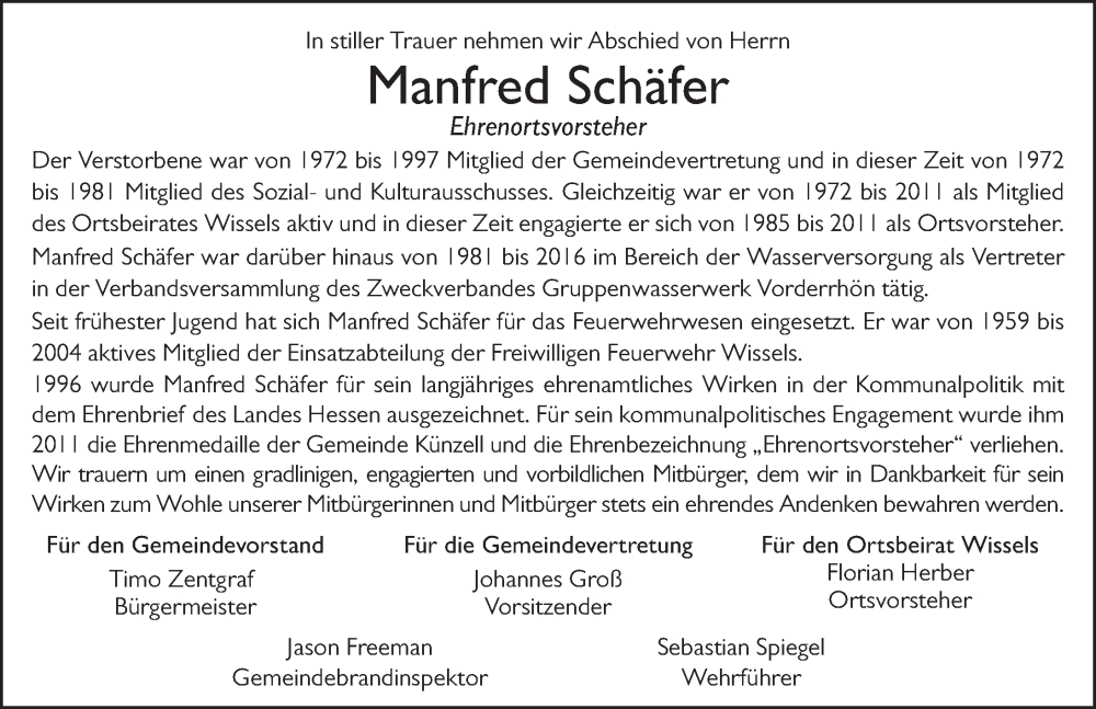  Traueranzeige für Manfred Schäfer vom 13.11.2024 aus FZ