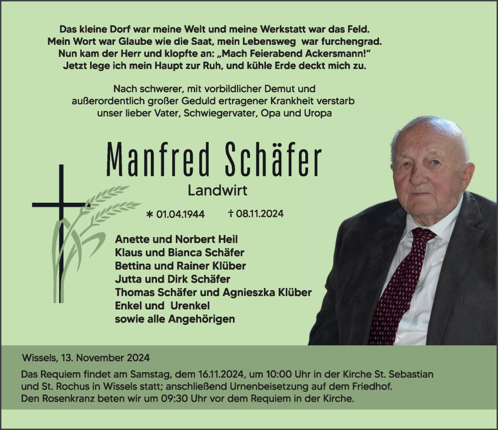  Traueranzeige für Manfred Schäfer vom 13.11.2024 aus FZ