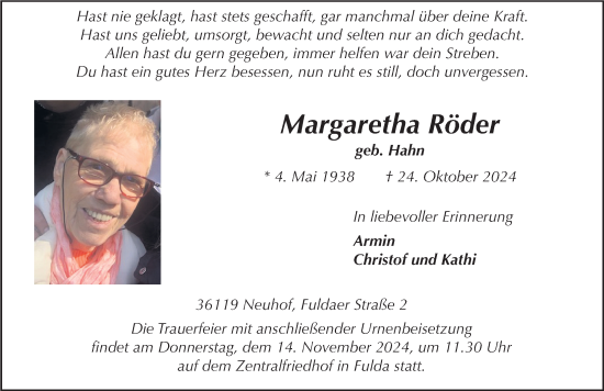 Traueranzeige von Margaretha Röder von FZ
