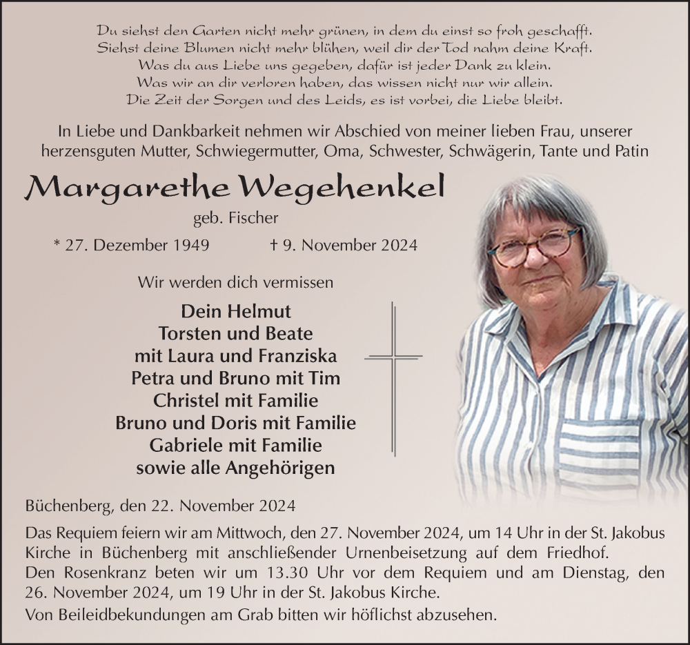  Traueranzeige für Margarethe Wegehenkel vom 22.11.2024 aus FZ