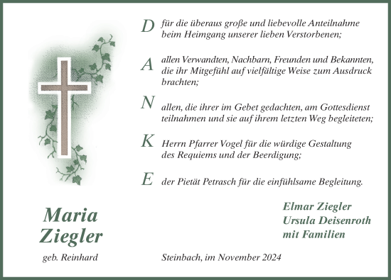 Traueranzeige von Maria Ziegler von FZ