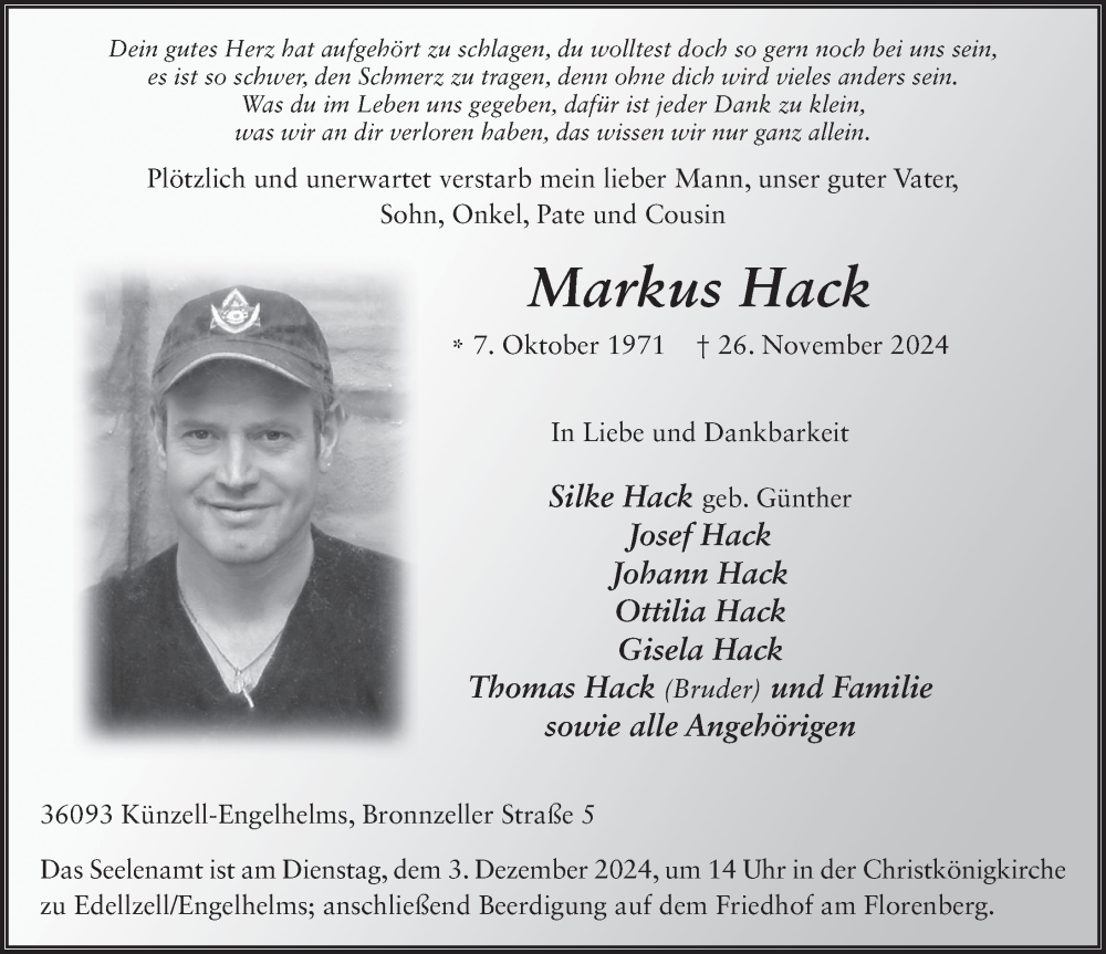  Traueranzeige für Markus Hack vom 30.11.2024 aus FZ
