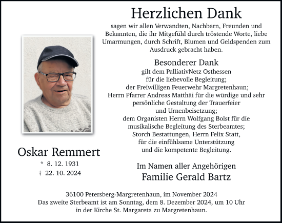 Traueranzeige von Oskar Remmert von FZ