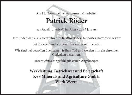 Traueranzeige von Patrick Röder von FZ