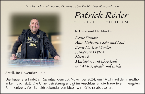 Traueranzeige von Patrick Röder von FZ