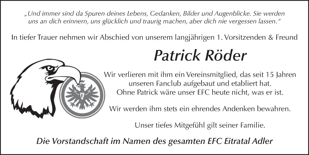  Traueranzeige für Patrick Röder vom 19.11.2024 aus FZ